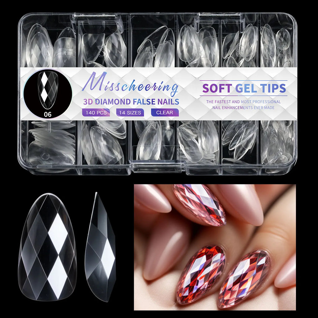 120/140Pcs 3D Diamond Almond Ballet Coffin False Nails Clear Press On Nails For Acrylic Gel Reusable Fake Tips DIY Nail Supplies