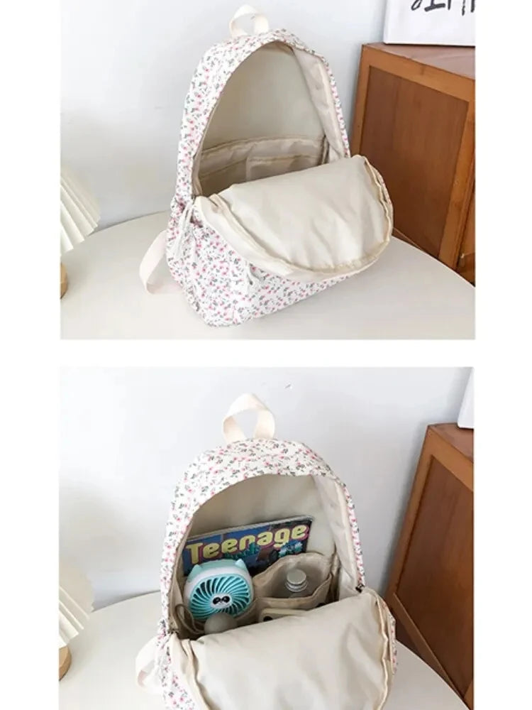 Nylon Backpack New Simple And Fresh Large Capacity Backpack For Junior High School Students Small Floral Backpack