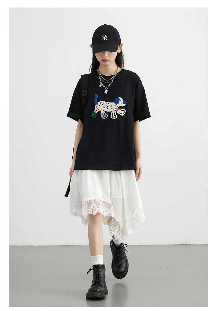 CHIC VEN Women T-Shirts Loose Streetwear Unisex Fun Dog Embroidered Short Sleeve Cotton Girl Tees Female Top Summer 2025