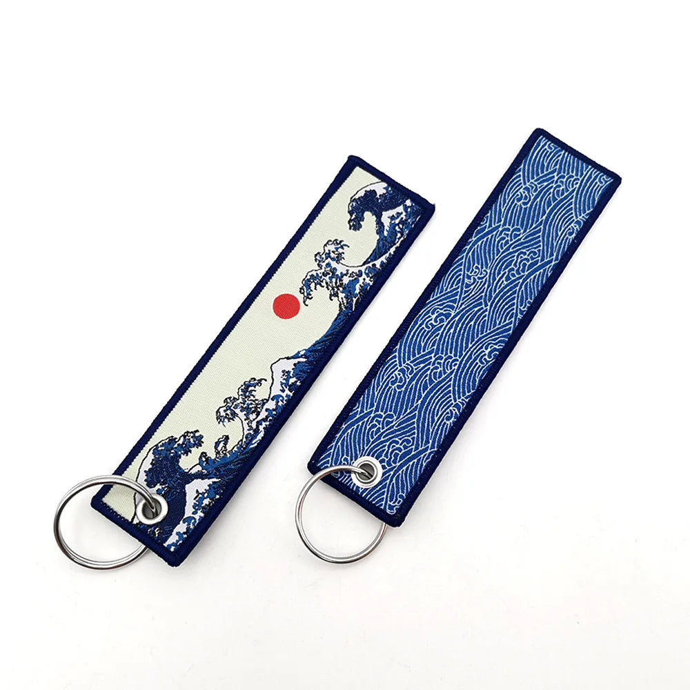 1/2pcs Japanese Waves Art Drawing Embroidery Fobs Backpack Key Tags Motorcycles Keychain Keyrings Cosplay Accessories Gift