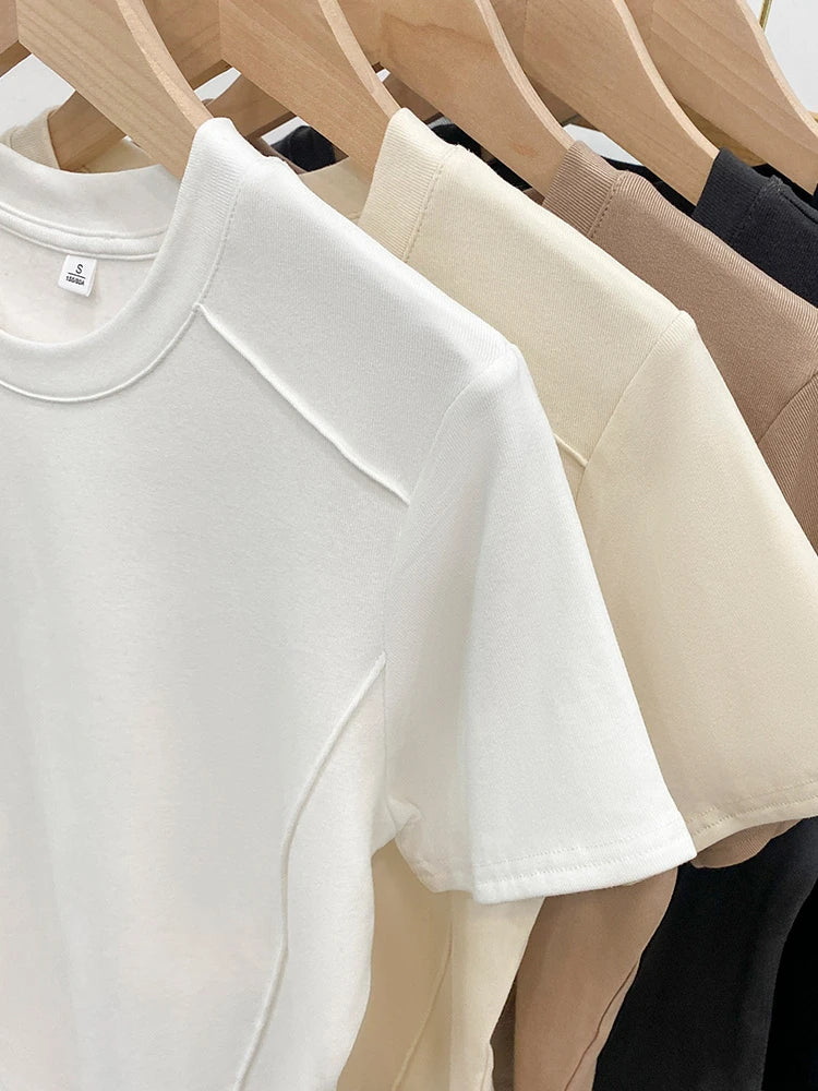 Solid color round-neck short-sleeved slim T-shirt for women 2026 summer and Europe new