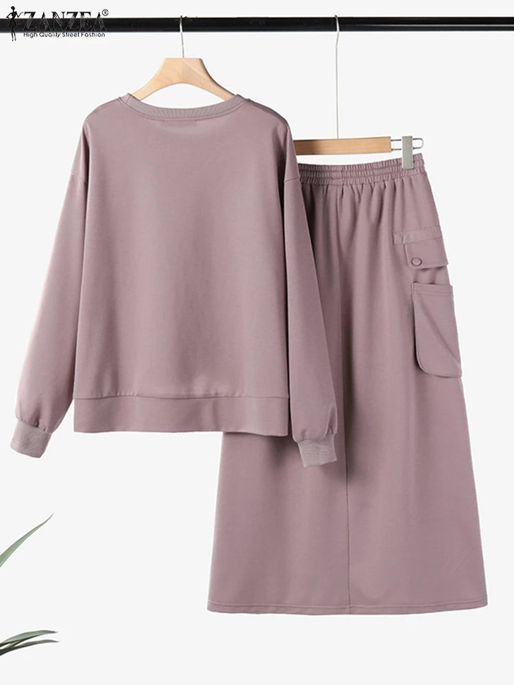 2026 ZANZEA 2PCS Autumn Winter Sweatshirts Dress Sets Women Long Sleeve Hoodies Tops Sundress OL Matching Sets Spring Outfits