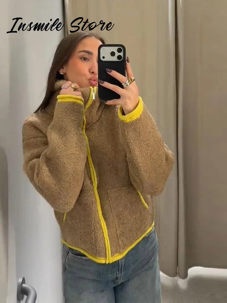 Fashion Contrast Knit Coat Women Stand Collar Zipper Pockets Full Sleeve Jacket 2025 Autumn Lady Elegant Outwear 2026 Spring New