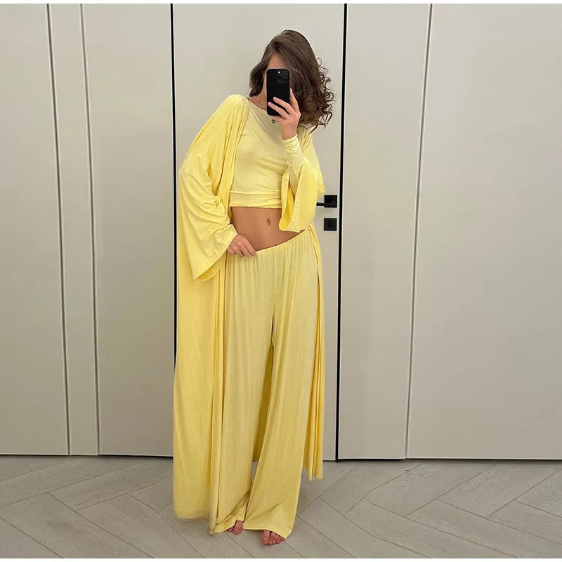 Casual Solid Women 3 Pieces Suits V-neck Long Coats O-neck Slim Top Wide Leg Trousers 2025 Spring Summer New Fashion Female Sets