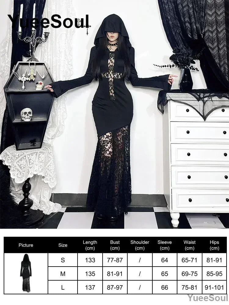 Halloween Gothic Grunge Punk Women Dress Long Sleeve Lace Slim Black Dresses 2026 New Y2K Harajuku Lolita Fairy Core Party Dress