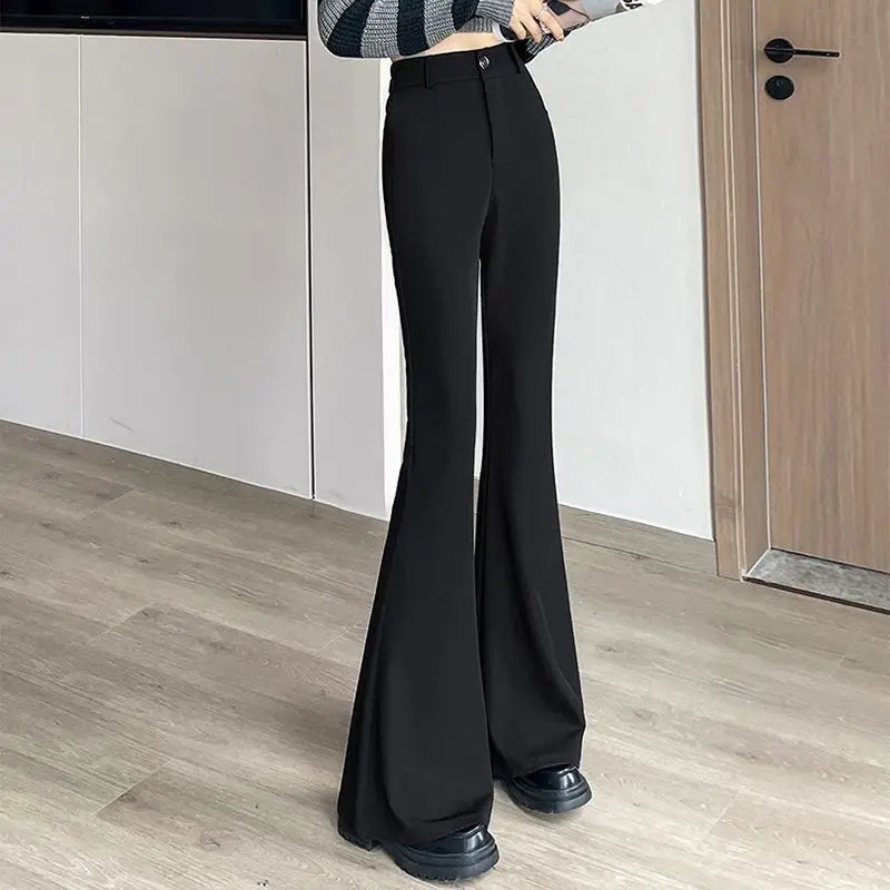 Women's High-Waisted Flared Pants Slim Fit Formal Trousers with Button Closure