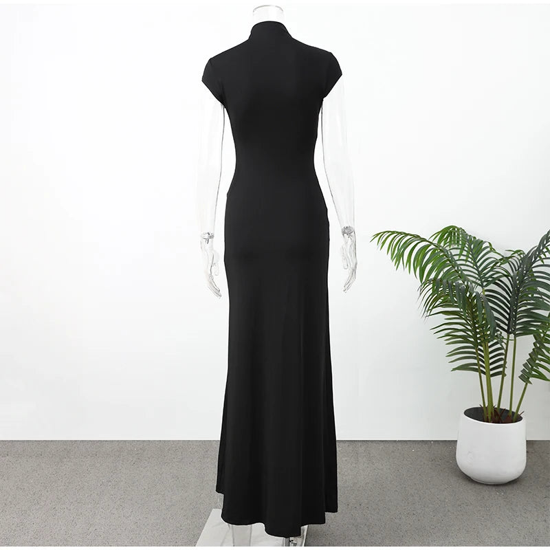 Black Women Hollow Out Slit Dress Sexy Short Sleeve Solid High Neck Slim Fit Maxi Dresses Lady Fashion Evening Party Club Robe