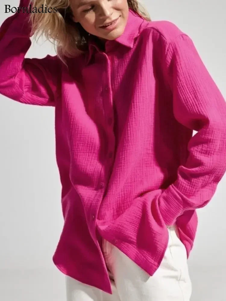 Bornladies 2025 Women's Spring Summer 100% Cotton Shirts Office Lady  Fashionable Solid Lady Long Sleeve Loose Tops Crepe Shirts