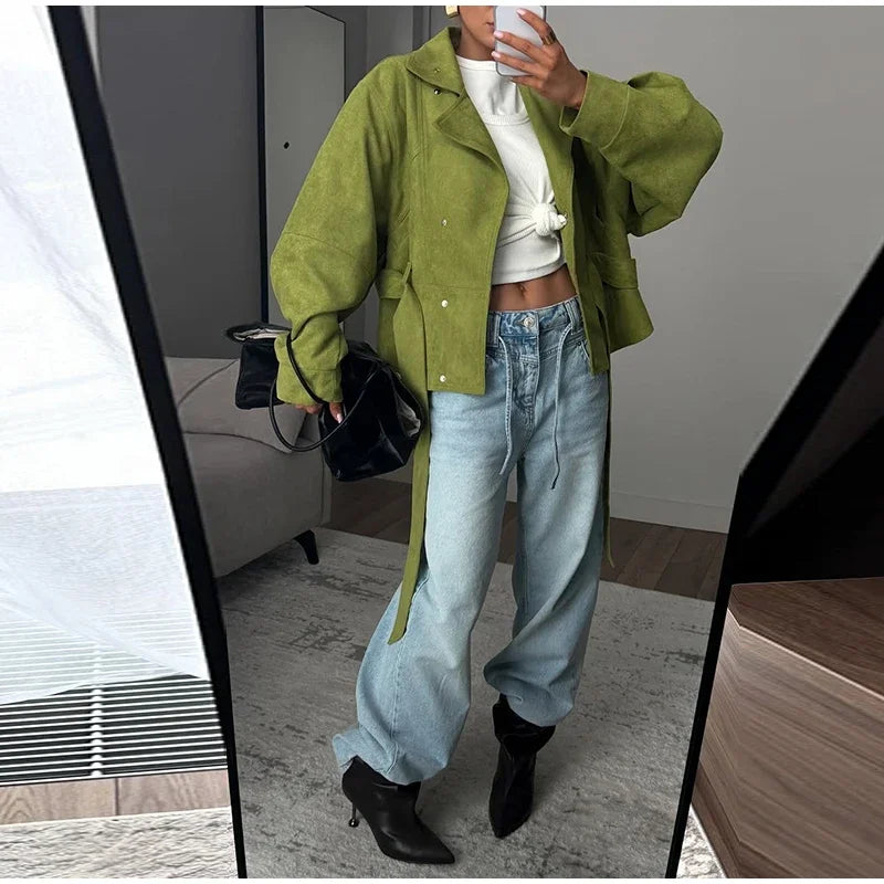 Street Women's Faux Suede Belt Lace Up Jacket Loose Green Lapel Button Full Sleeve Coats 2026 Spring Summer Lady Casual Outwear