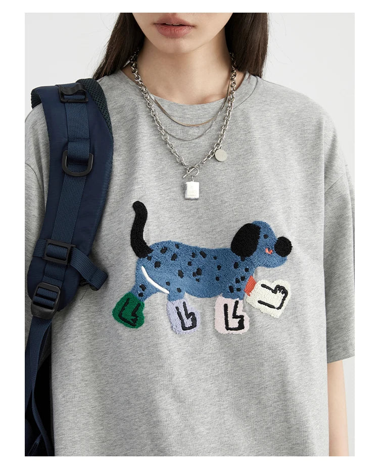 CHIC VEN Women T-Shirts Loose Streetwear Unisex Fun Dog Embroidered Short Sleeve Cotton Girl Tees Female Top Summer 2025