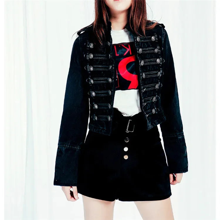 Streetwear Casual Loose Button Split Short Denim Jacket Women Fashion Spring Autumn 2026 Stand Collar Long Sleeve Jean Jacket