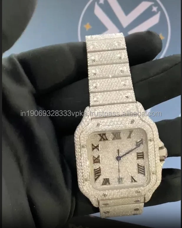 Luxury Men's Iced Watch Stainless Steel Moissanite Diamond Analog Mechanical Movement 41mm Glass Dial Hip Hop Folding Clasp