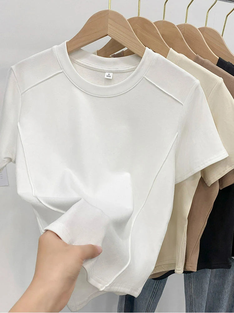 Solid color round-neck short-sleeved slim T-shirt for women 2026 summer and Europe new