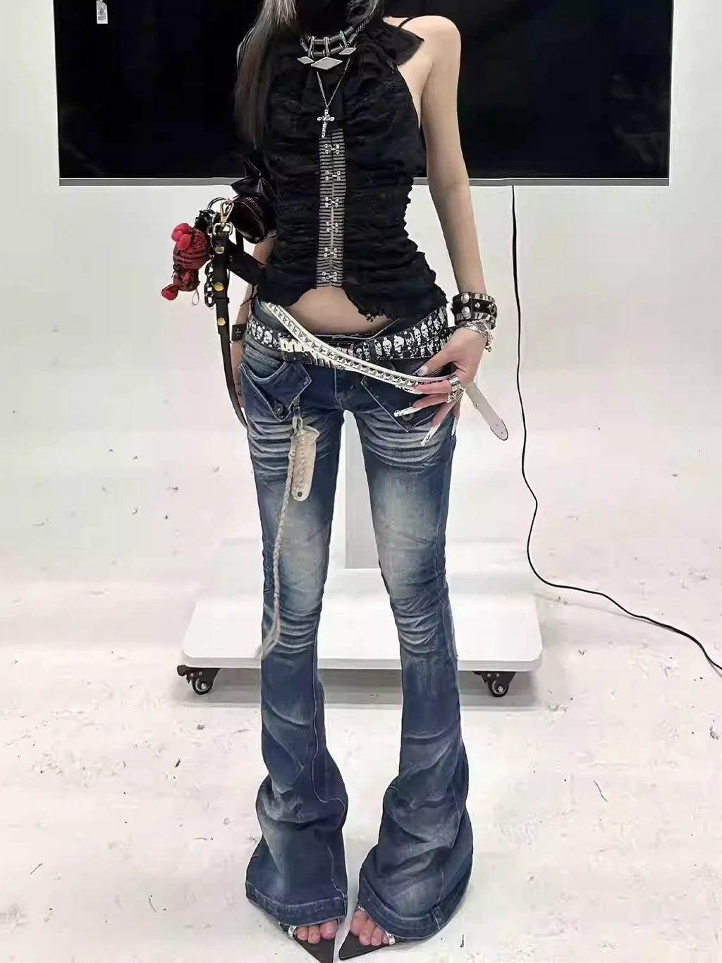 Women's Low Flare Jeans Cyber Punk Abi Y2k Japanese Skinny Bootcut Harajuku Goblin Core Long Trousers Denim Pants Bell Bottom