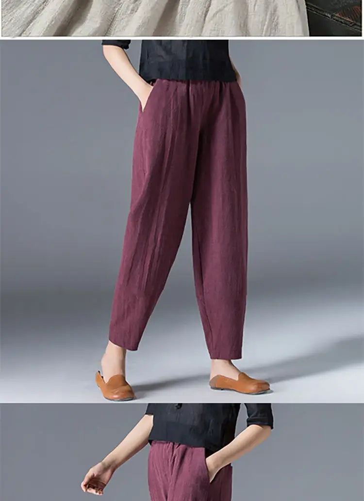 Cotton Wide Leg Pants Female Loose Oversized Solid Color Harem Summer Casual Elastic Waist Ankle-length Pants Women Clothing