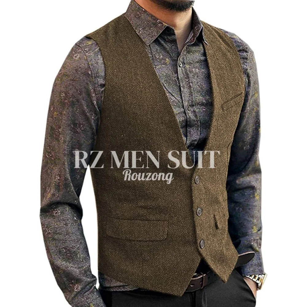 Men's Herringbone Tweed Wool Suit Vest Single Breasted Slim Fit Waistcoat Vest chaleco para hombre