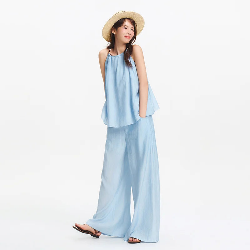 Semir Bowknot Strap Wide Leg Pants Set Women 2025 Summer New Linen Like Textured Two Piece Outfit for Vacation Style