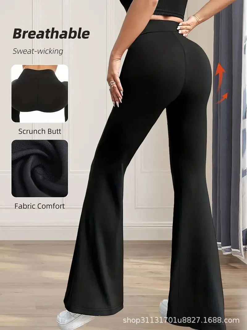 Women's high-waisted, slimming, drapey horseshoe sharkskin pants, micro-flared yoga pants, extended length