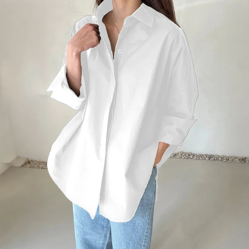 ZANZEA Oversized Women's White Shirts Turn-Down Collar Long Sleeve Button Up High-Low Solid Color Tops 2025 Autumn Streetwear