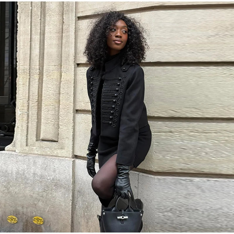 Women's Napoleon Style Black Cropped Jacket Coat Long Sleeve Tops Braided Button Trim Vintage Slim Fit Fashion Lady Outerwear