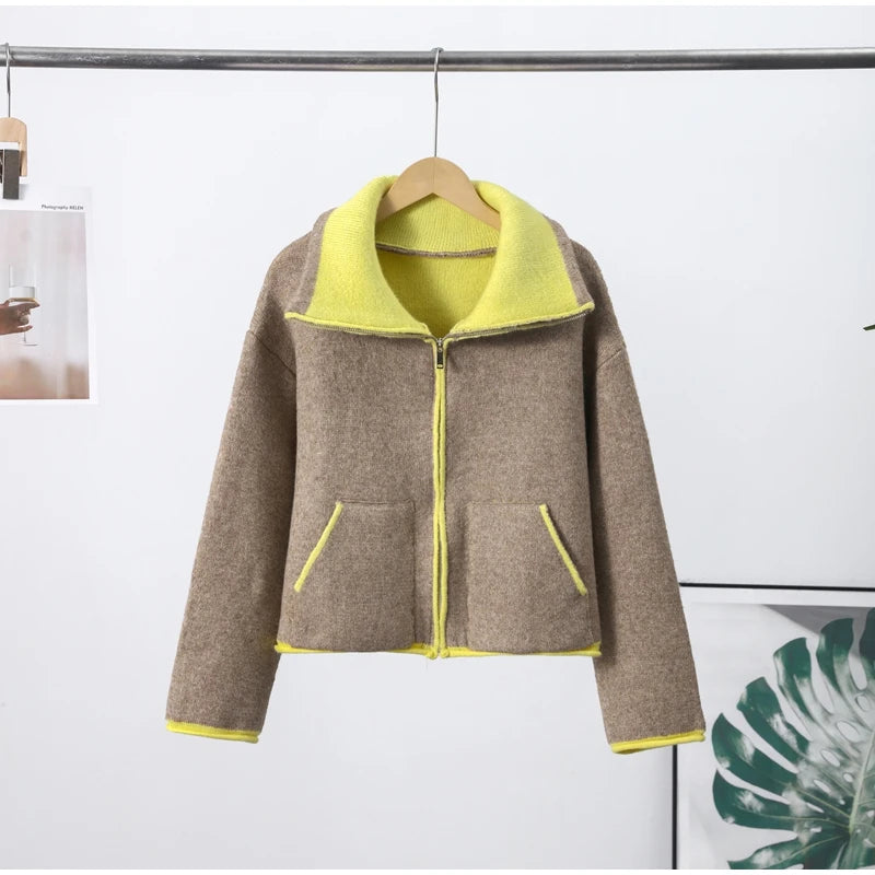 Fashion Contrast Knit Coat Women Stand Collar Zipper Pockets Full Sleeve Jacket 2025 Autumn Lady Elegant Outwear 2026 Spring New