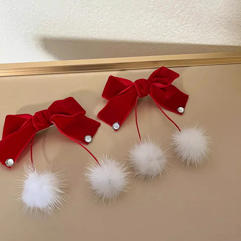 Red Velvet Bow Hairpins for Princess Girl Cute Pompom Heart Kids Autumn Winter Hair Clips Korean Sweet Clips New Year Headwear