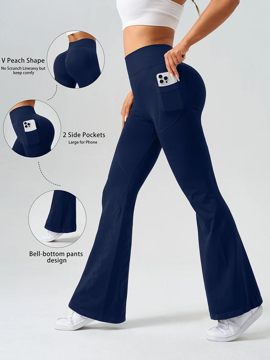 Flared Yoga Pants Women High Waist Bell Bottom Leggings Seamless Trousers w/Pockets Retro Gym Fitness Athleisure Wide Leg Pants