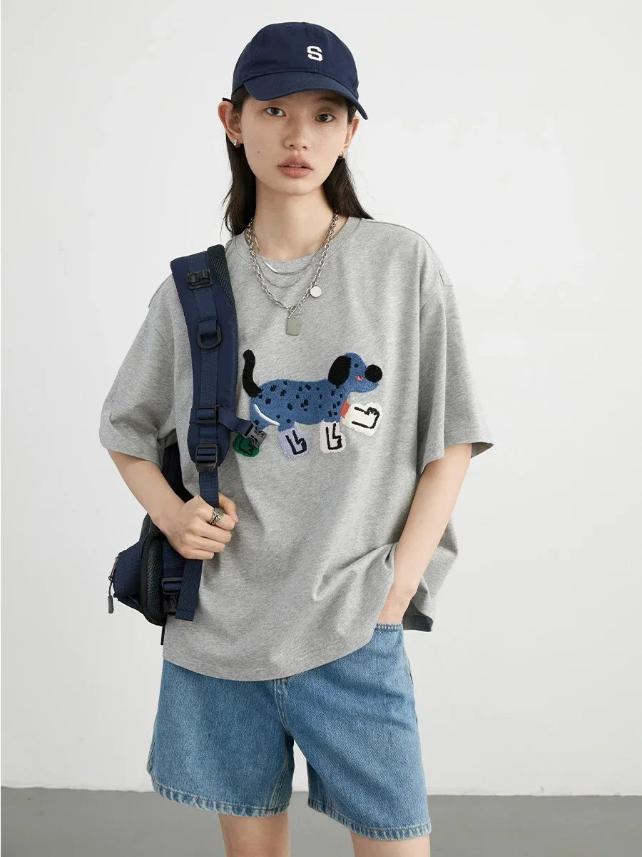 CHIC VEN Women T-Shirts Loose Streetwear Unisex Fun Dog Embroidered Short Sleeve Cotton Girl Tees Female Top Summer 2025