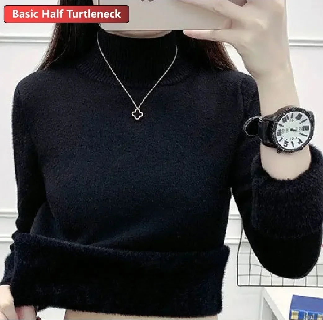 Winter Warm Sweater Pullover Women Slim Thicken Plush Velvet Lined Knitwear Jumper Korean Half Turtleneck Poleras Soft Knit Tops