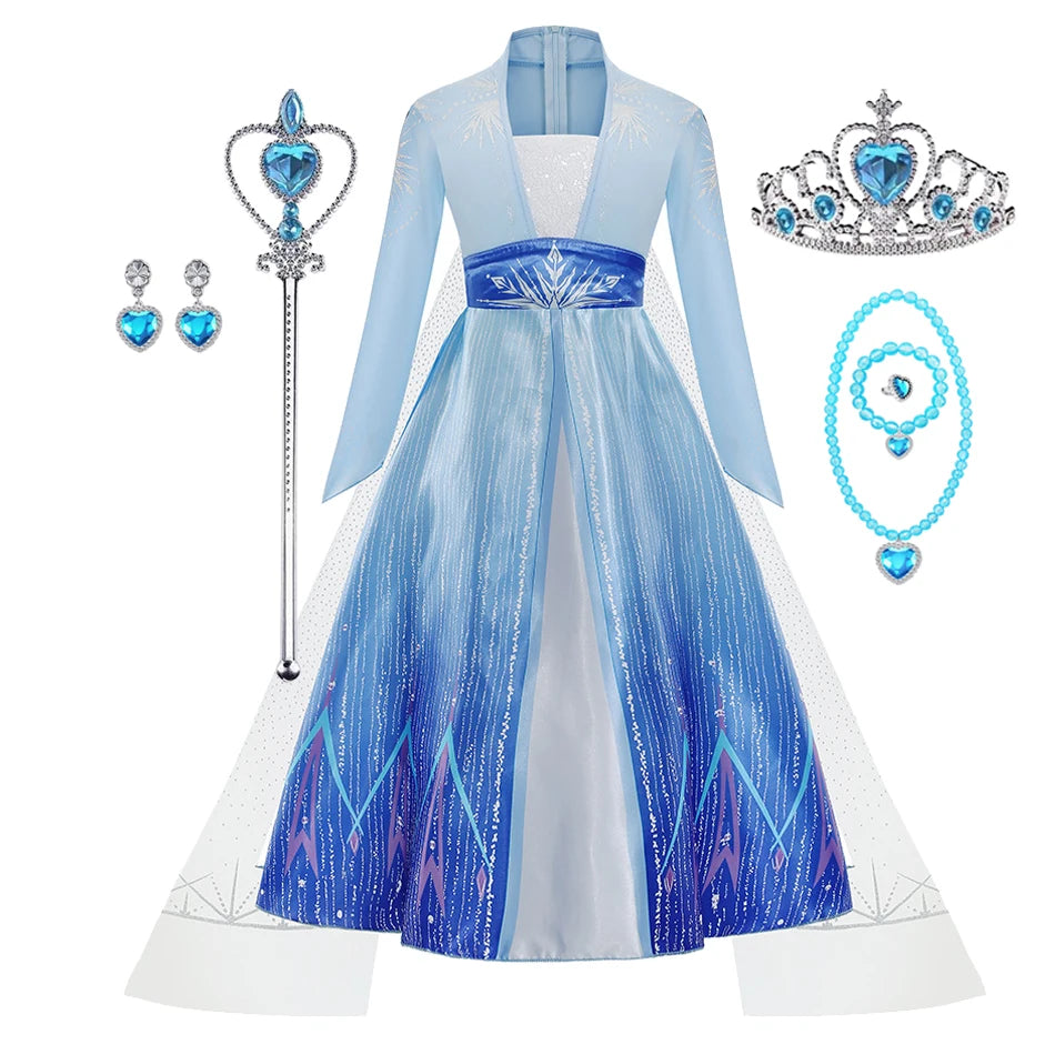 2026 Elsa Frozen Princess Costume For Girl Birthday Party Long Sleeve Halloween Cosplay Carnival Clothing Kids Dress For Girls