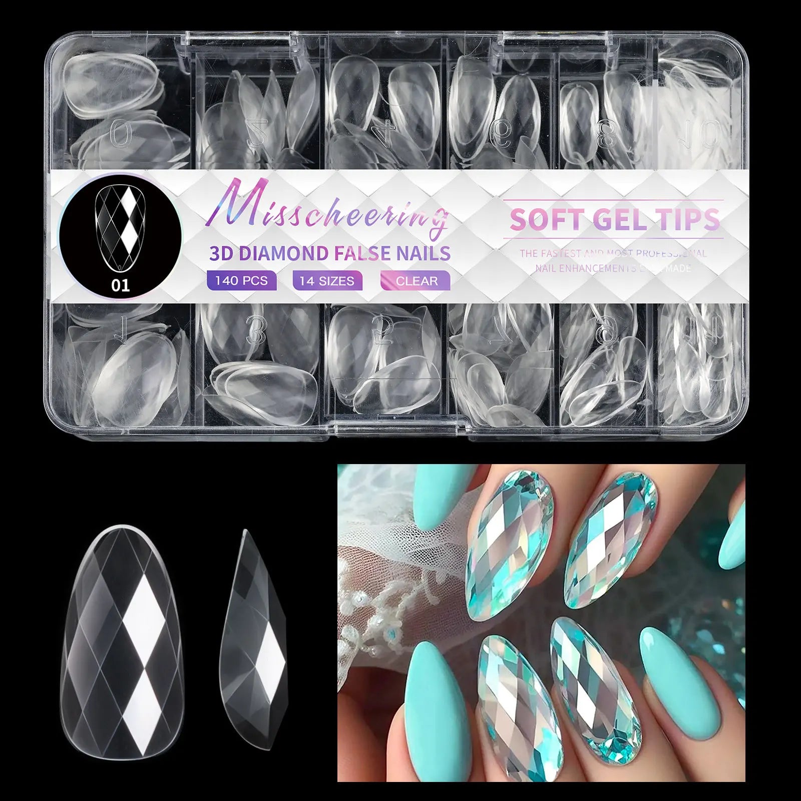 120/140Pcs 3D Diamond Almond Ballet Coffin False Nails Clear Press On Nails For Acrylic Gel Reusable Fake Tips DIY Nail Supplies