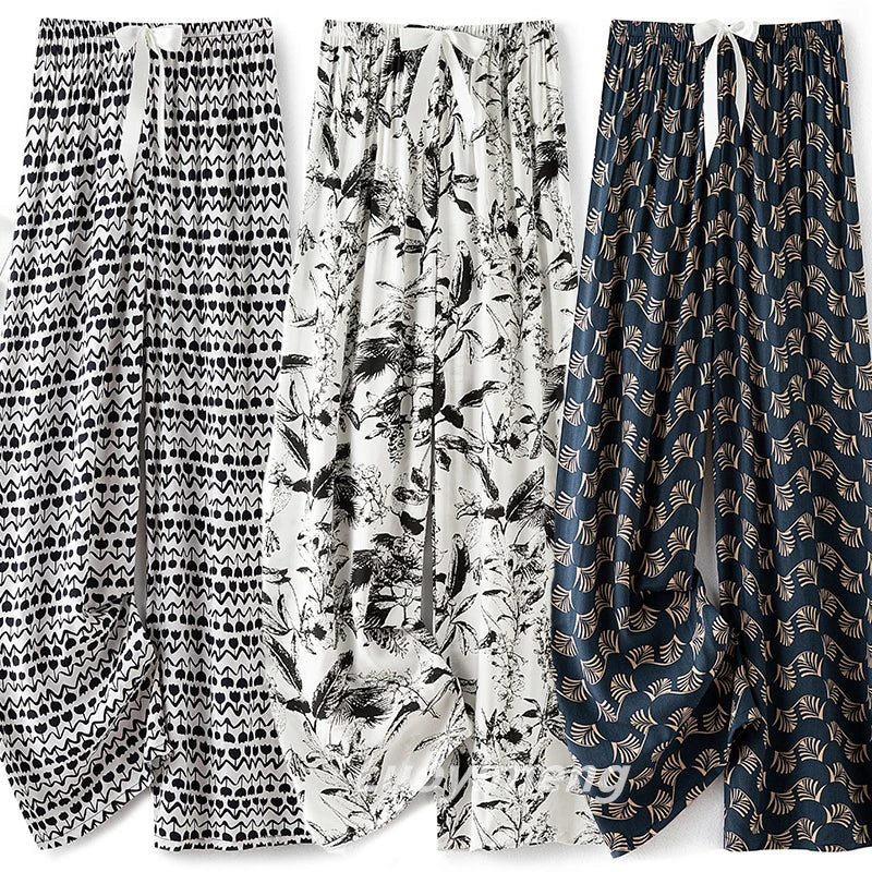 Women Casual Autumn Wide Leg Pants Floral Beach Trousers High Waist Boho Ethnic Style Calf Pants Four Season Girls Home Clothes