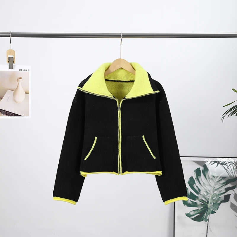 Fashion Contrast Knit Coat Women Stand Collar Zipper Pockets Full Sleeve Jacket 2025 Autumn Lady Elegant Outwear 2026 Spring New