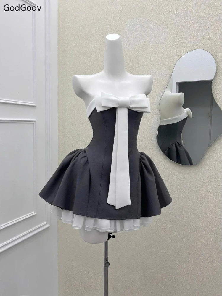 Summer New Vintage Elegant Woman Dress Strapless Bow Patchwork High Waist Puffy Mini Dress Female French Chic Sexy Outfits 2025