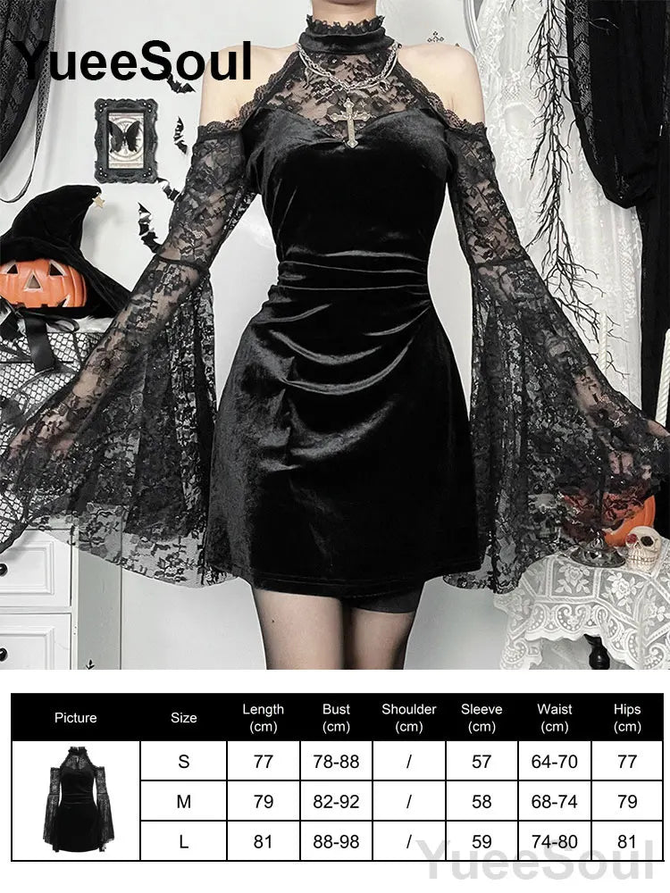 Halloween Gothic Grunge Punk Women Dress Long Sleeve Lace Slim Black Dresses 2026 New Y2K Harajuku Lolita Fairy Core Party Dress