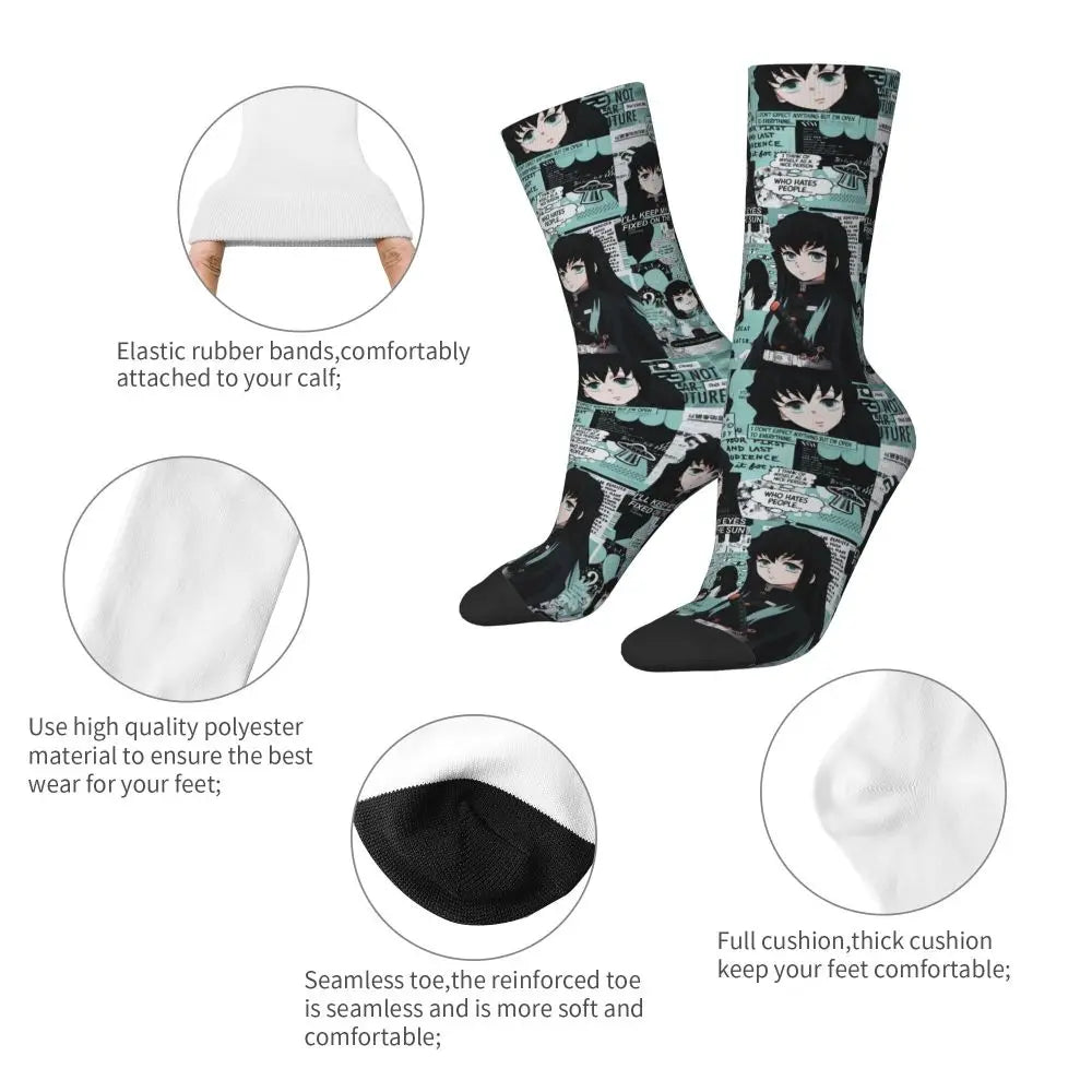 Custom Giyuu Tomioka Demon Slayer Men Women Crew Socks Unisex Kawaii Kimetsu No Yaiba Spring Summer Autumn Winter Dress Socks