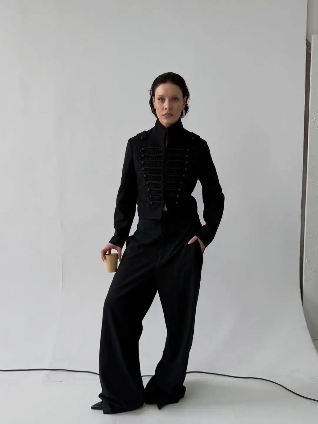 Solid Stand Collar Military Jacket Women Fashion Black Long Sleeve V-neck Short Jackets 2026 Lady Spring Autumn Chic Outwear New