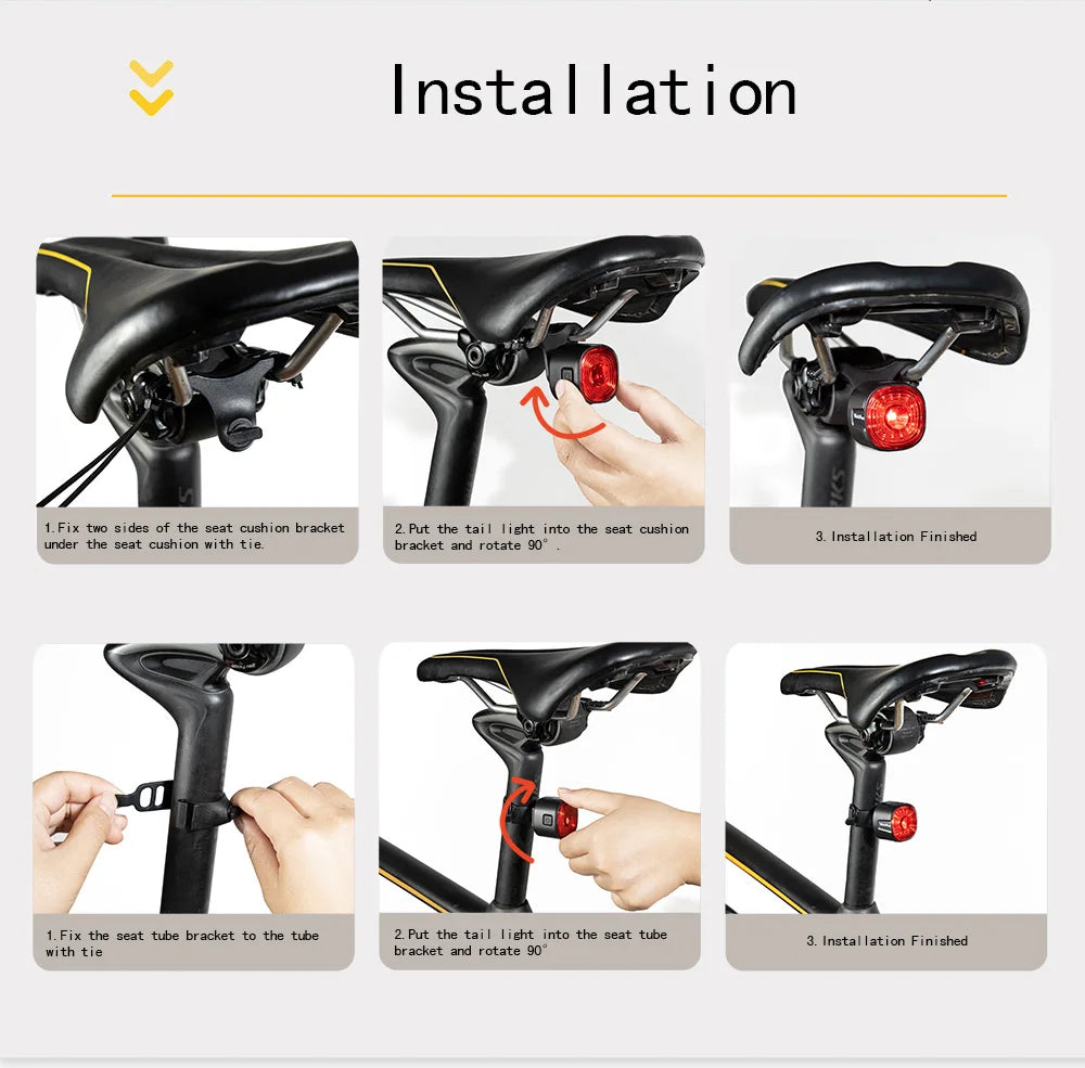 Bicycle Intelligent Brake Tail Light IP66 Waterproof 6 Light Modes High Brightness Bike Rear Lamp for Seat Post/Saddle/ Bag