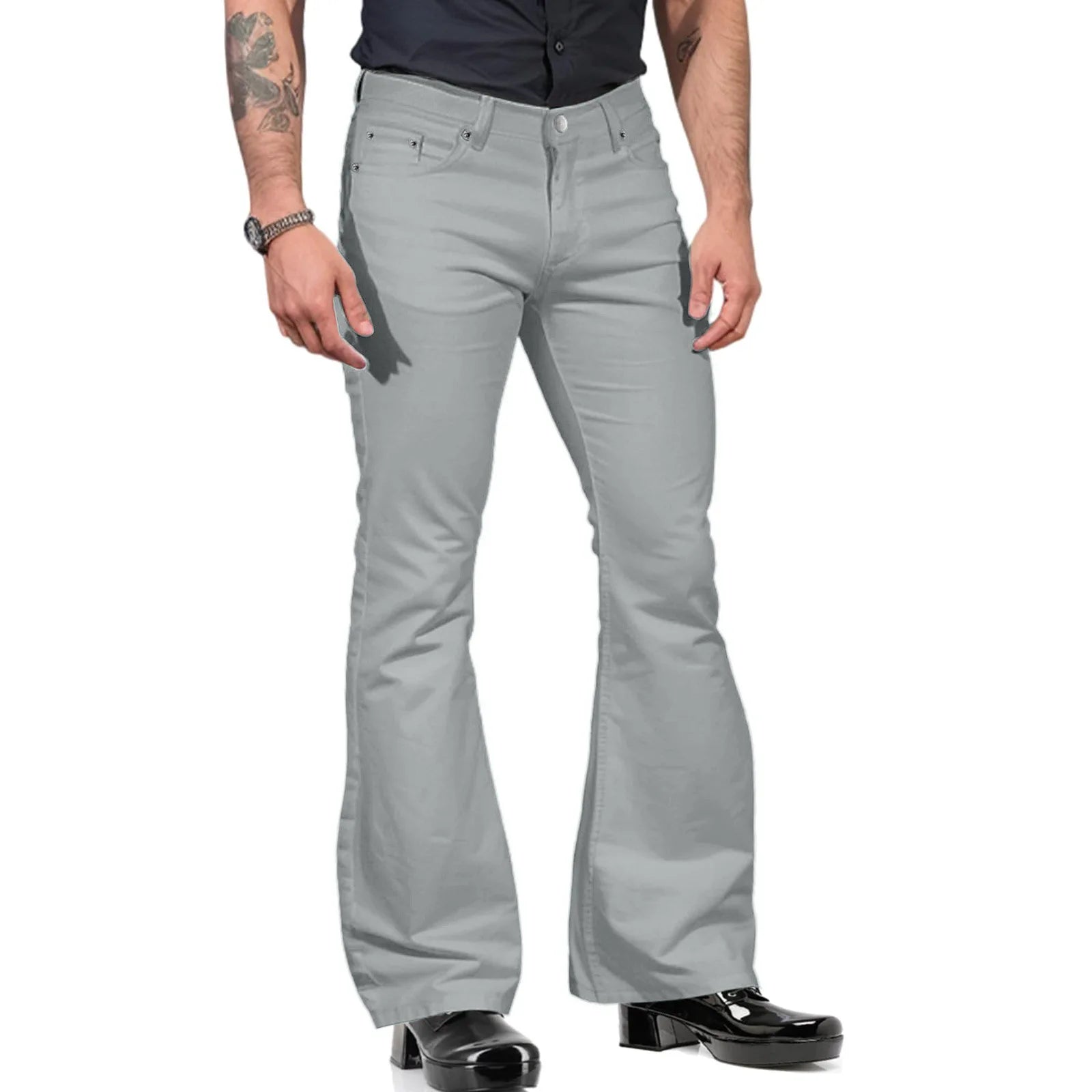 Retro-inspired Flared Pants Men's Vintage Bell Bottom Wide Leg Jeans Solid Color Stretchy Slim Fit Mid-rise for Fashionable