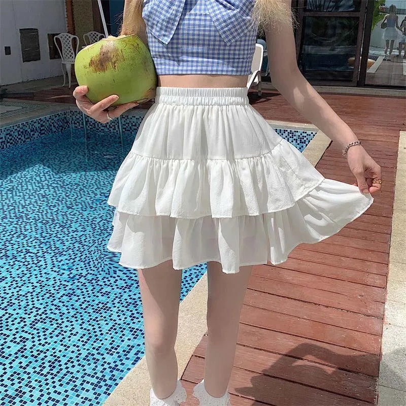 Pleated A-line Skirt White Women Ruffles Sweet Hottie Preppy Style Elastic Elastic Waist Slim Thin SimpleCasual Summer Wholesale