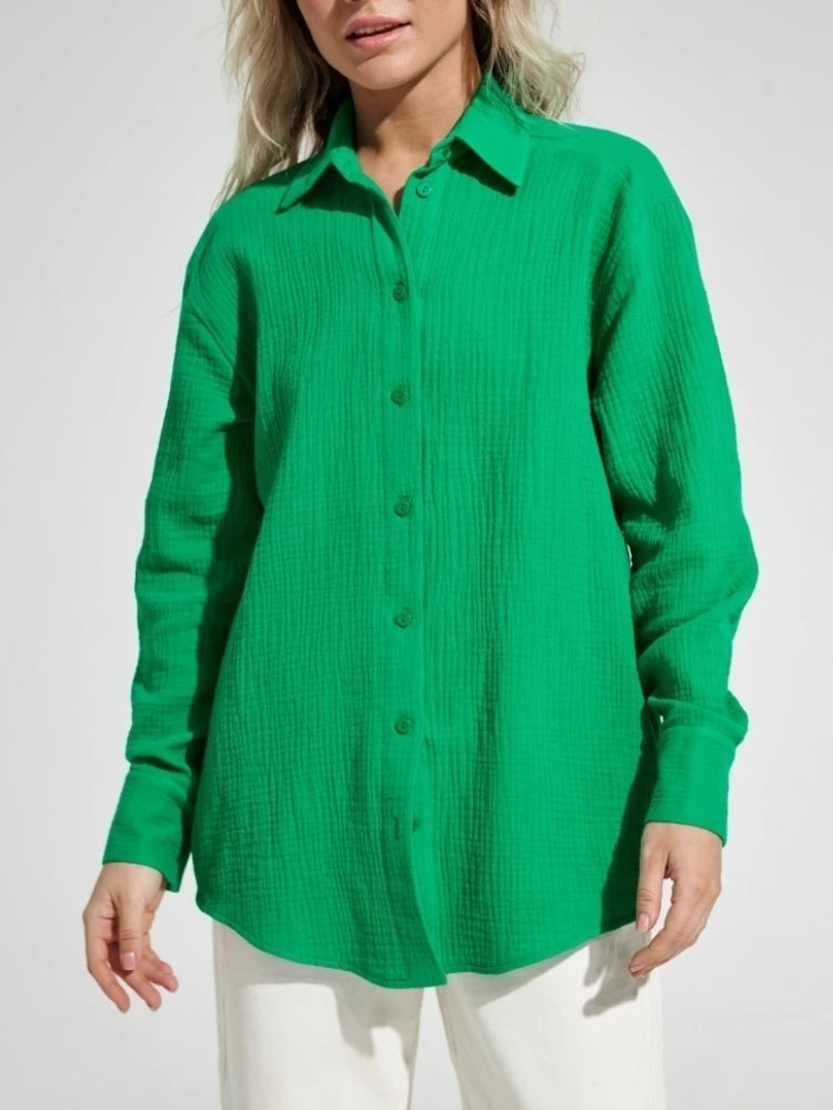 Bornladies 2025 Women's Spring Summer 100% Cotton Shirts Office Lady  Fashionable Solid Lady Long Sleeve Loose Tops Crepe Shirts