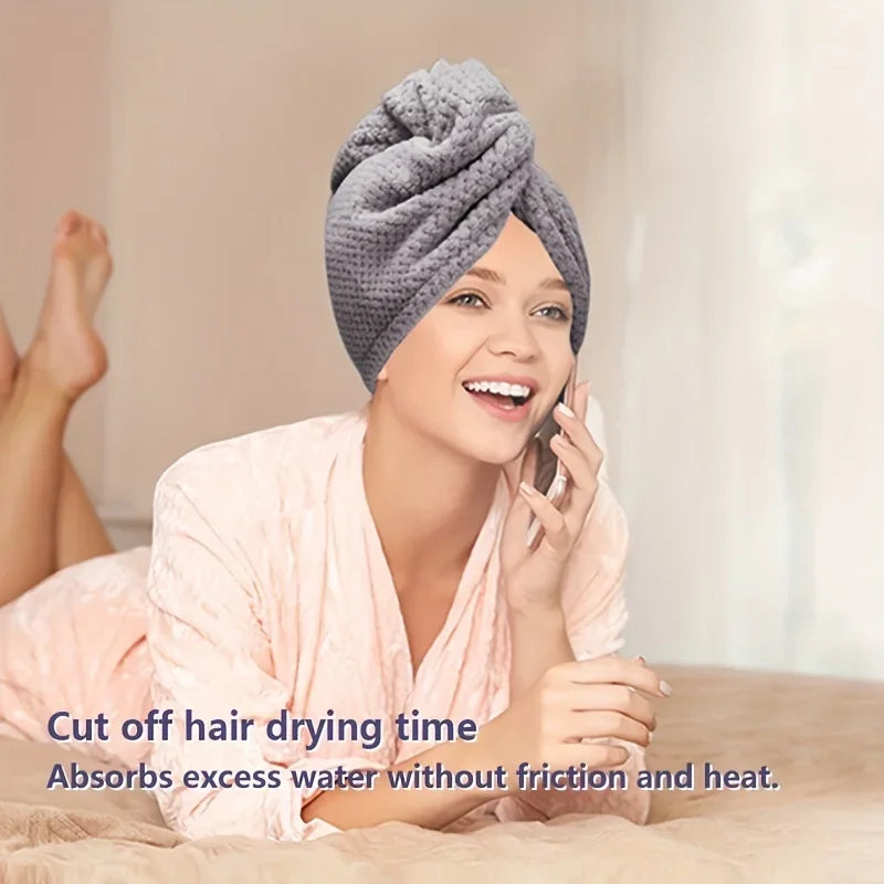 Solid Color Absorbent Hair Towel Wrap 9.8" X 25.5" Textured Dry Hair Cap for Button-Down Women