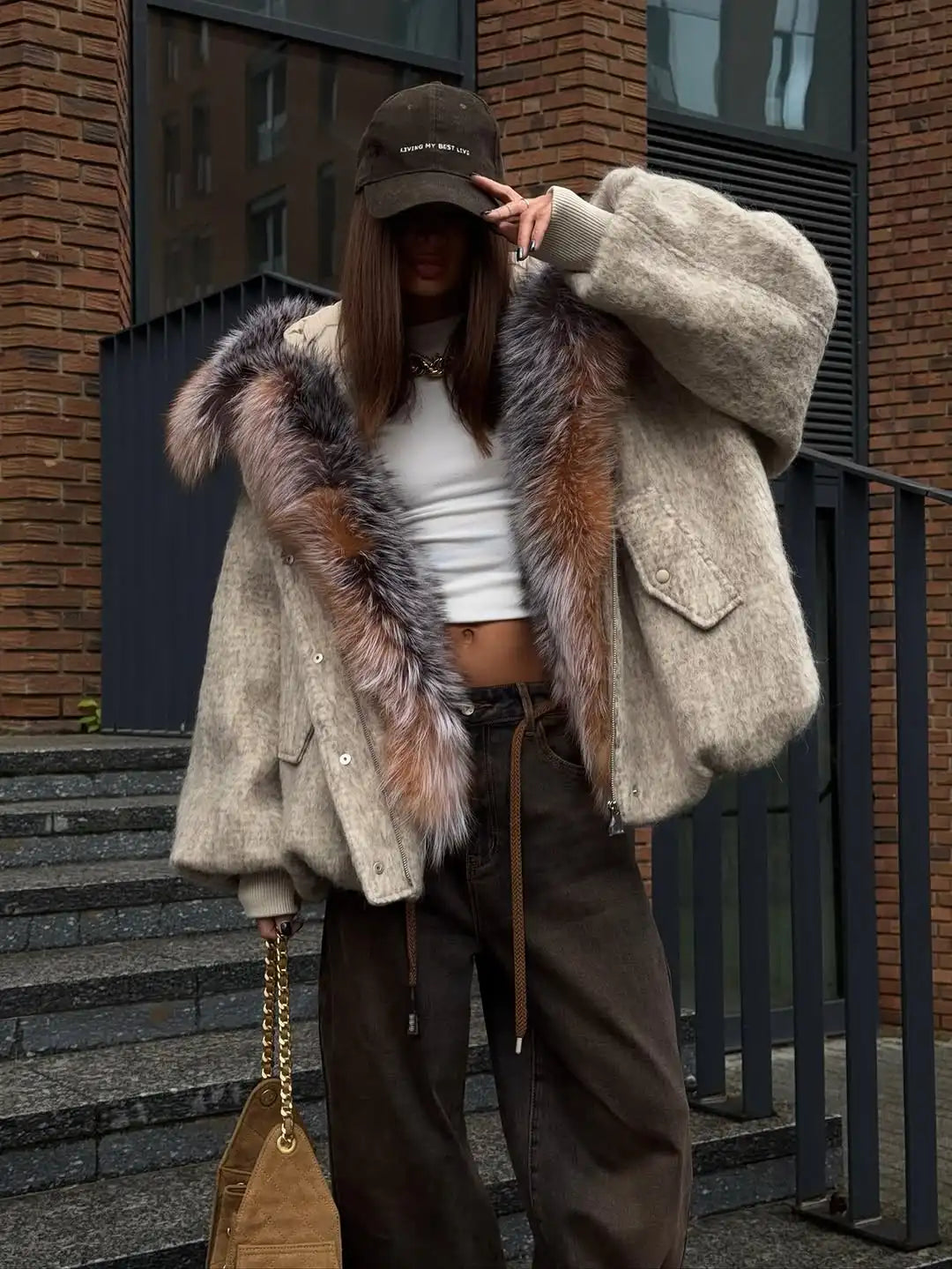 Vintage Faux Fur Woolen Jacket Women Fashion Thicken Hooded Pocket Lantern Sleeve Elastic Waist Coat 2026 Female Daily Outwear