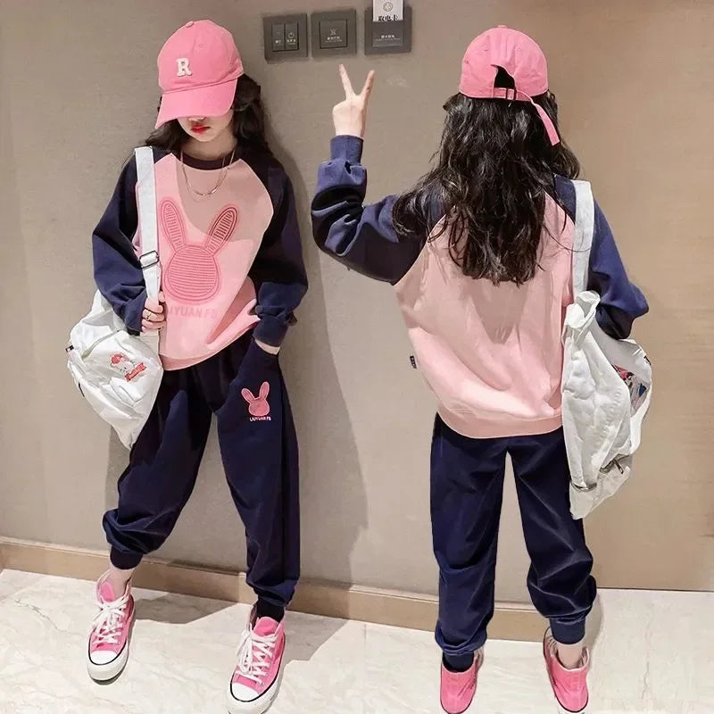 3-13 Years Spring Autumn Girls Clothing Set Cartoon Rabbit Pattern Full Sleeve Top +Pants 2Pcs For Kids