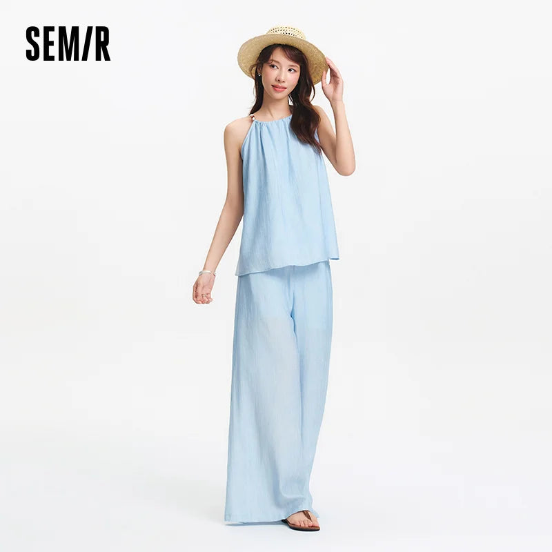 Semir Bowknot Strap Wide Leg Pants Set Women 2025 Summer New Linen Like Textured Two Piece Outfit for Vacation Style