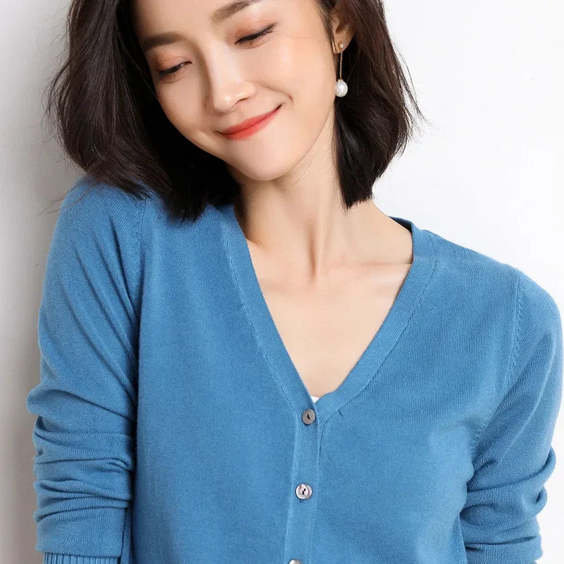 2025 Women Cardigans Long Sleeve Knitted Outerwear Solid Thin Spring Autumn Sweaters V-neck Knitwears Korean Fashion Cardigans