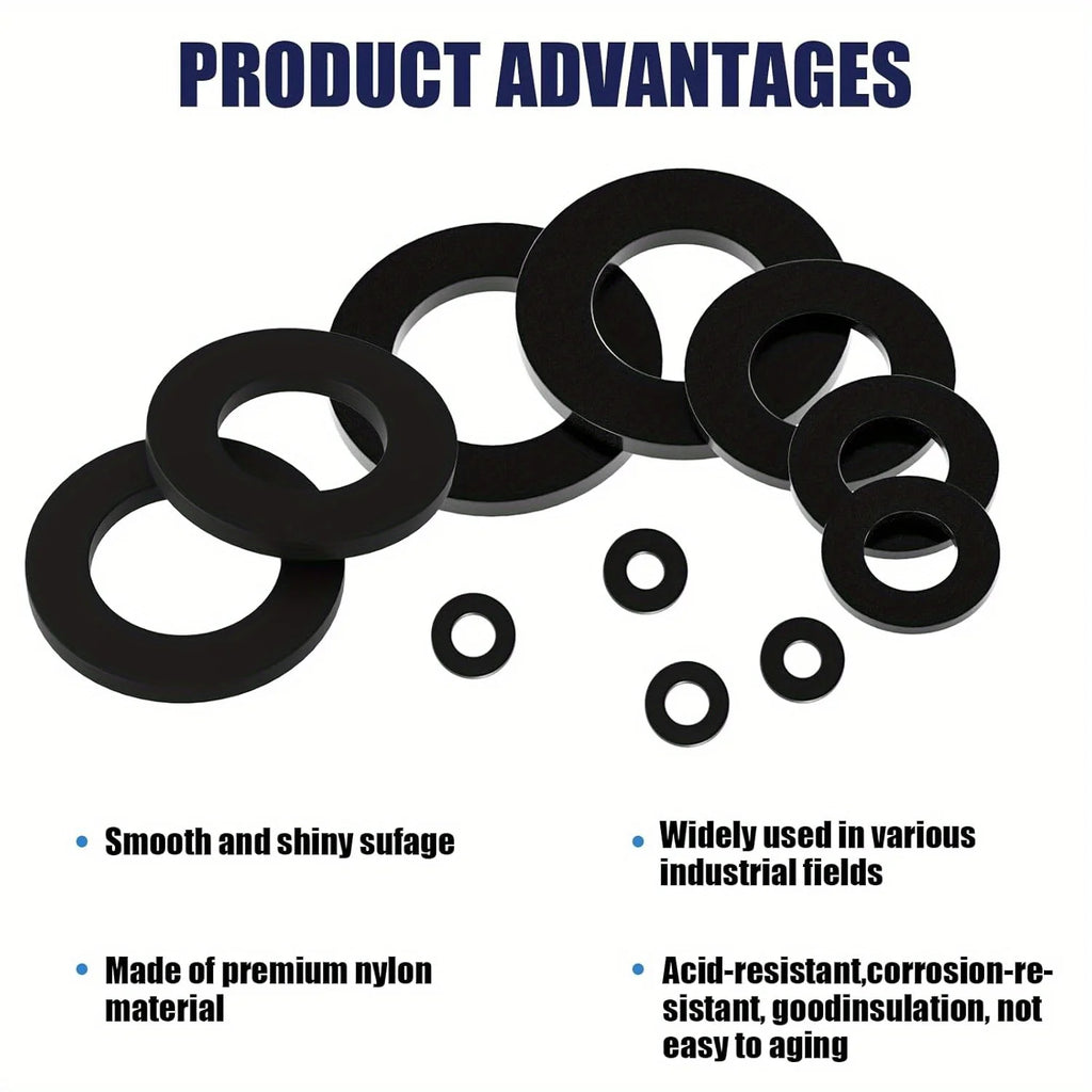 350Pcs Black Nylon Flat Gasket Set M2 M2.5 M3 M4 M5 M6 M8 Plastic Nylon Sealing Gasket Sorting Kit