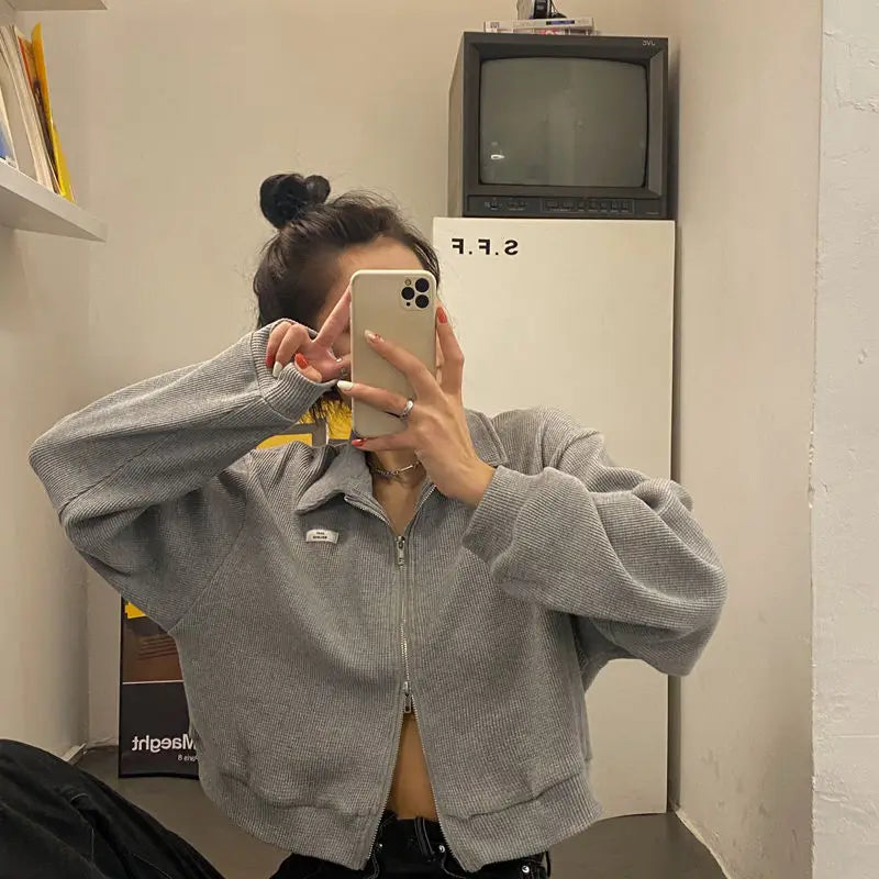 Sweatshirts Woman All-match Solid Zipper Trendy Korean Style Harajuku Ins Retro Autumn Casual Office Ladies Daily New Arrival