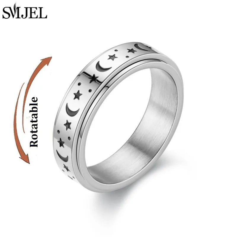Fashion Star Moon Anxiety Relaxing Stainless Steel Rings for Women Men Metal Rotate Freely Spinner Ring Anillos De Hombres