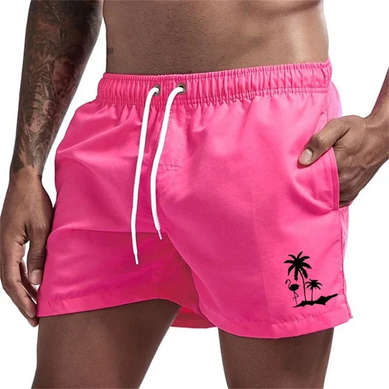 Pantalones cortos avec imprimé árbol de coco et flamenco para hombre, pantalons cortos de playa informales de verano, bañado